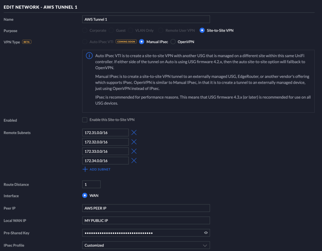 UniFi UDM VPN profile with dynamic routing enabled in the advanced options