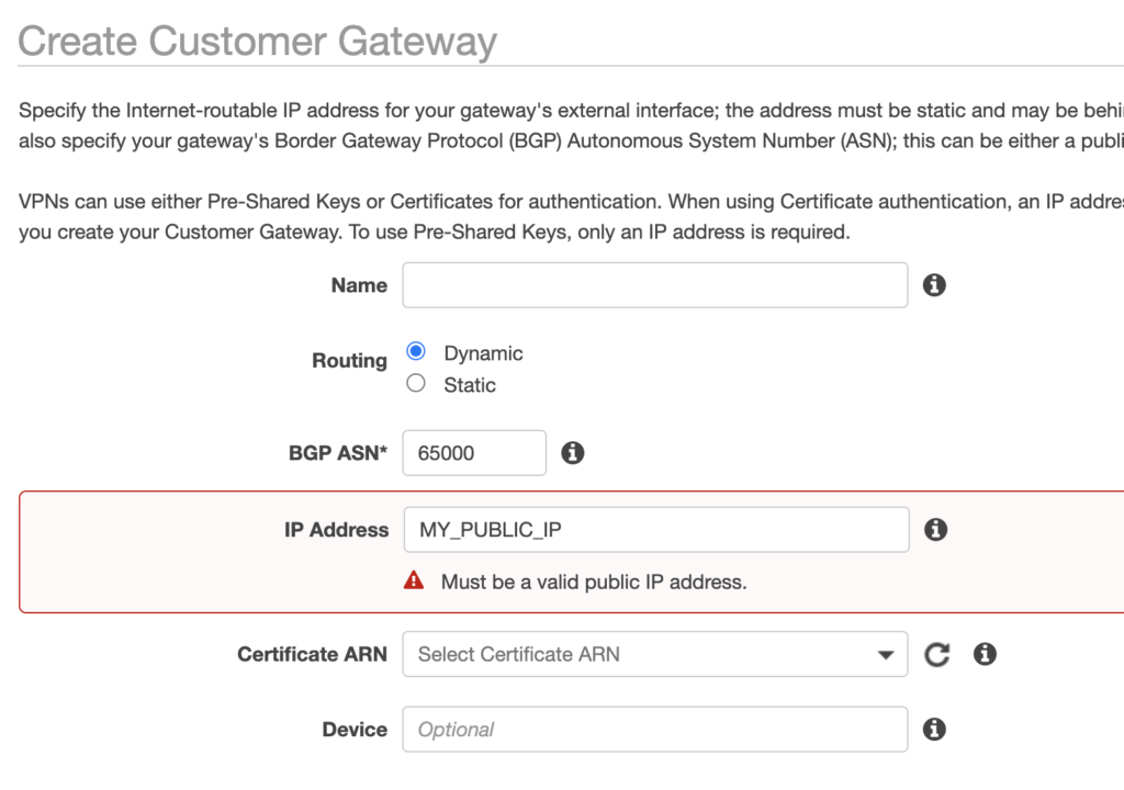AWS customer gateway form with dynamic routing and the UDM public IP