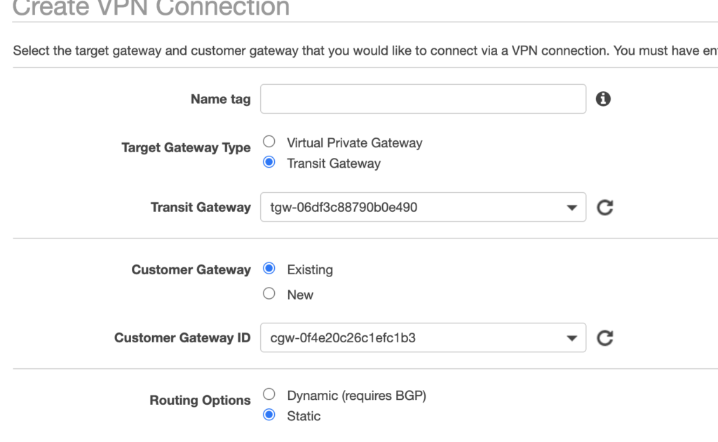 AWS VPN profile with the transit gateway and customer gateway selected, static routing